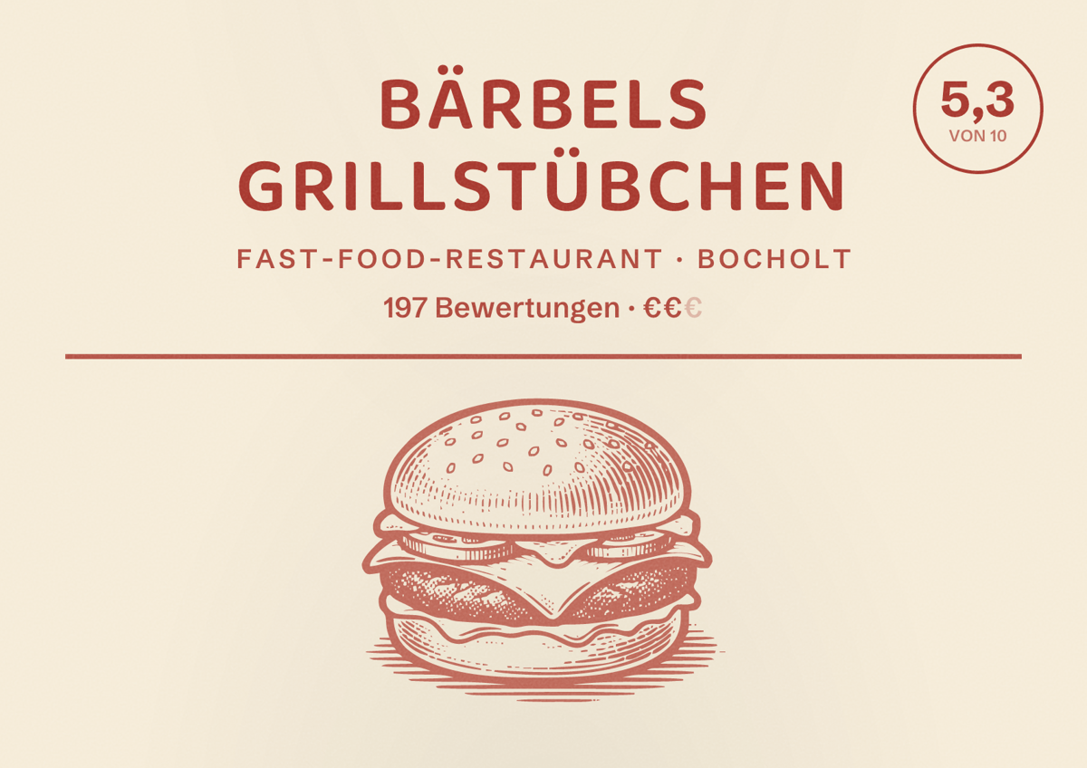 Illustriertes Poster von Bärbels Grillstübchen, Fast-Food-Restaurant in Bocholt: Bewertung 5,3 von 10 aus 197 Bewertungen, Preisniveau €€