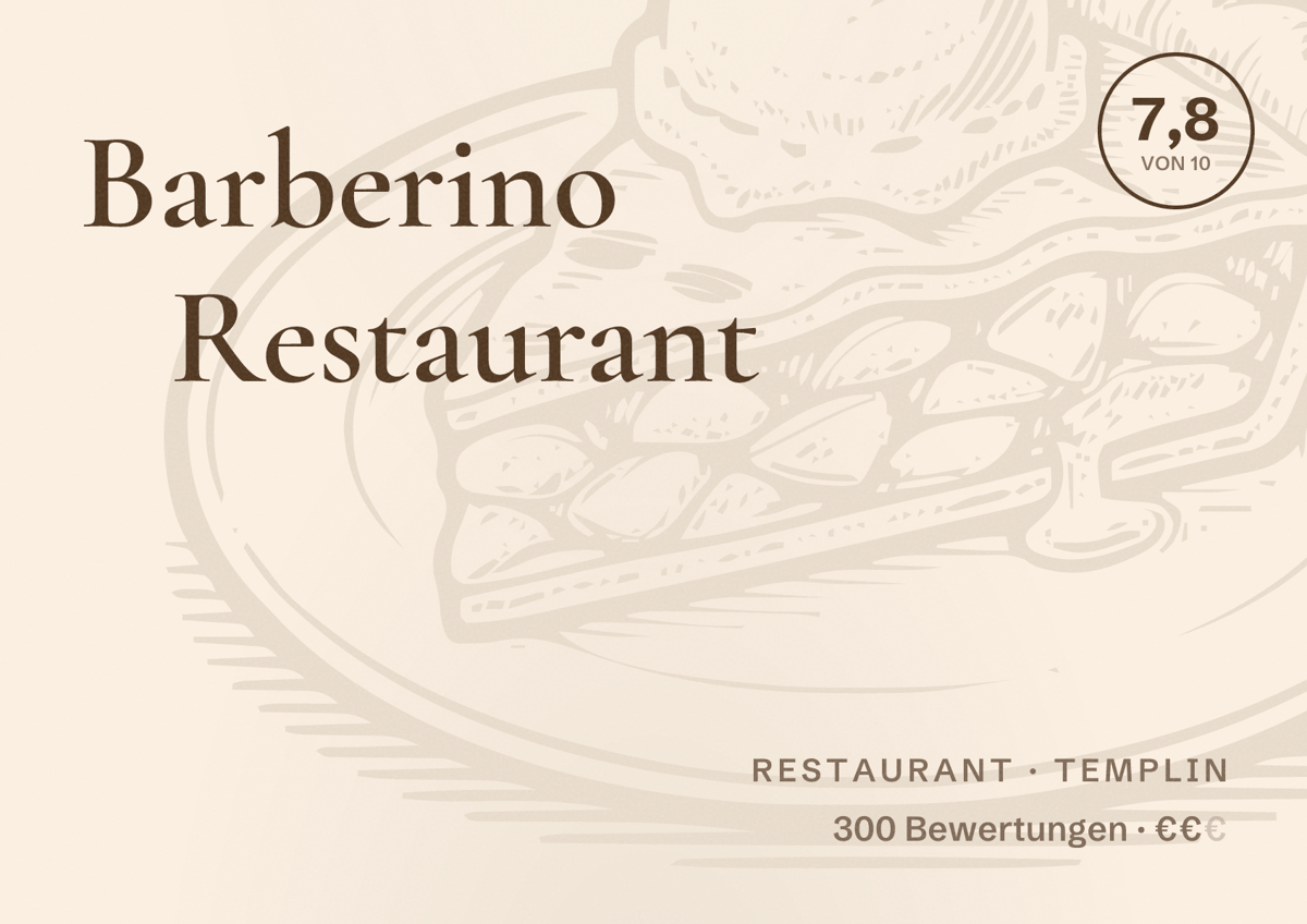Illustriertes Poster von Barberino Restaurant, Restaurant in Templin: Bewertung 7,8 von 10 aus 300 Bewertungen, Preisniveau €€