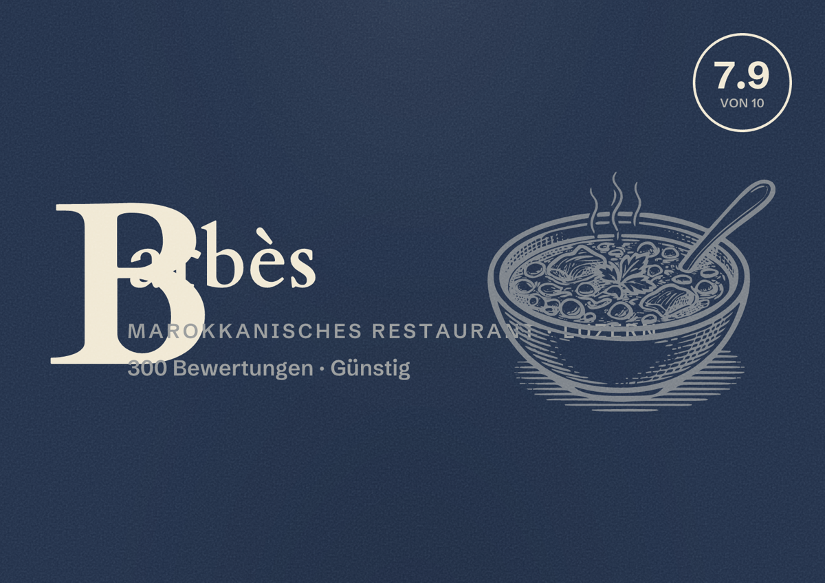 Illustriertes Poster von Barbès, Marokkanisches Restaurant in Luzern: Bewertung 7.9 von 10 aus 300 Bewertungen, Preisniveau Günstig