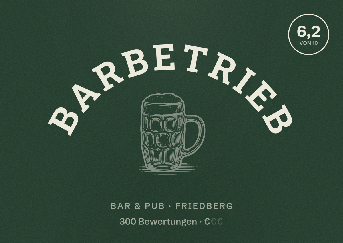 Illustriertes Poster von barbetrieb, Bar & Pub in Friedberg: Bewertung 6,2 von 10 aus 300 Bewertungen, Preisniveau €