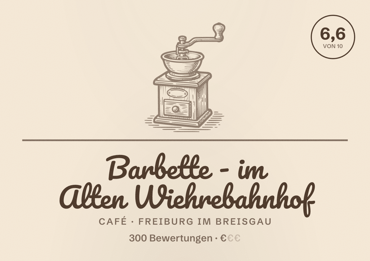 Illustriertes Poster von Barbette - im Alten Wiehrebahnhof, Café in Freiburg im Breisgau: Bewertung 6,6 von 10 aus 300 Bewertungen, Preisniveau €