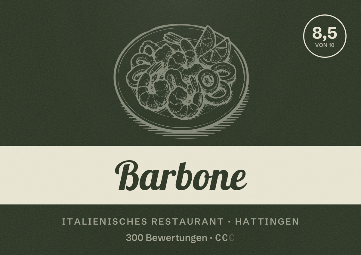 Illustriertes Poster von Barbone, Italienisches Restaurant in Hattingen: Bewertung 8,5 von 10 aus 300 Bewertungen, Preisniveau €€