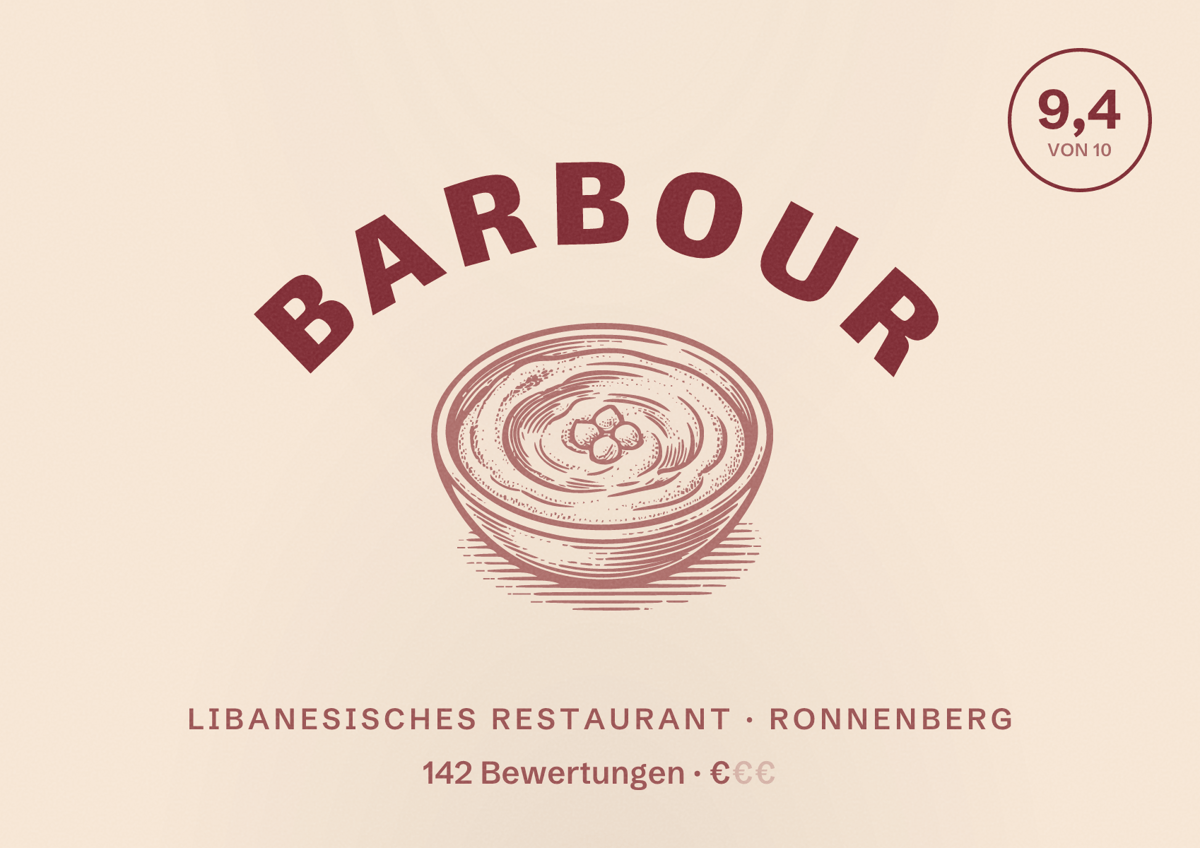 Illustriertes Poster von Barbour, Libanesisches Restaurant in Ronnenberg: Bewertung 9,4 von 10 aus 142 Bewertungen, Preisniveau €