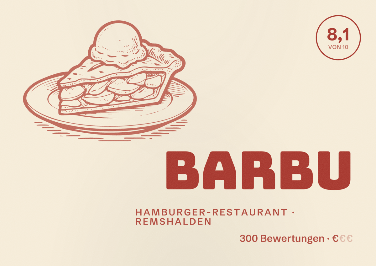 Illustriertes Poster von Barbu, Hamburger-Restaurant in Remshalden: Bewertung 8,1 von 10 aus 300 Bewertungen, Preisniveau €