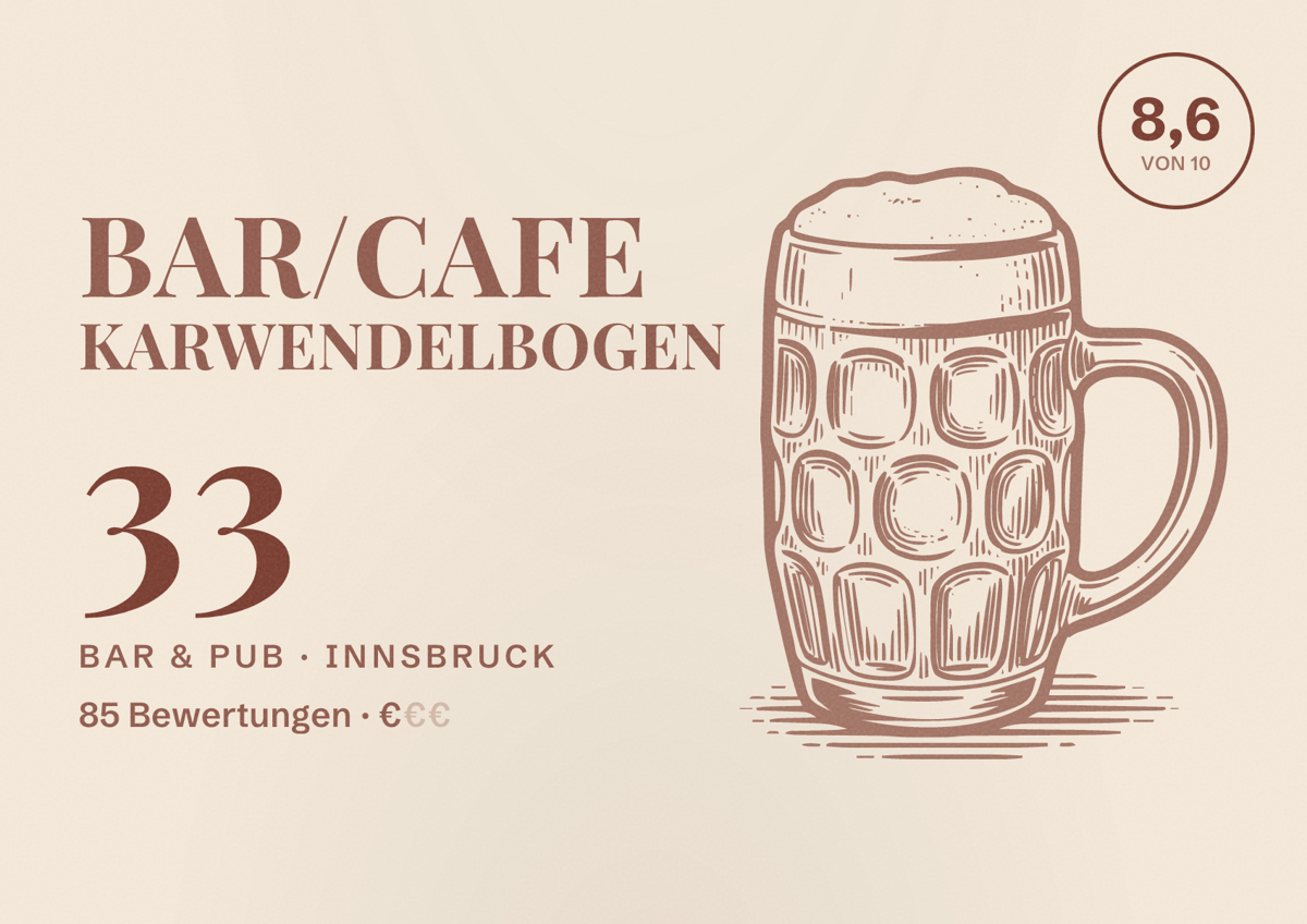 Illustriertes Poster von Bar/Cafe Karwendelbogen 33, Bar & Pub in Innsbruck: Bewertung 8,6 von 10 aus 85 Bewertungen, Preisniveau €