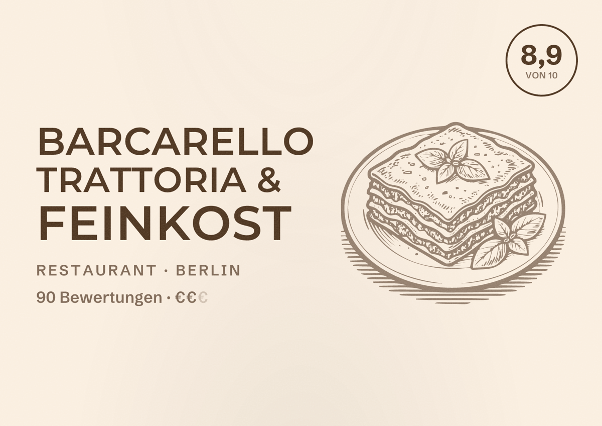 Illustriertes Poster von Barcarello Trattoria & Feinkost, Restaurant in Berlin: Bewertung 8,9 von 10 aus 90 Bewertungen, Preisniveau €€