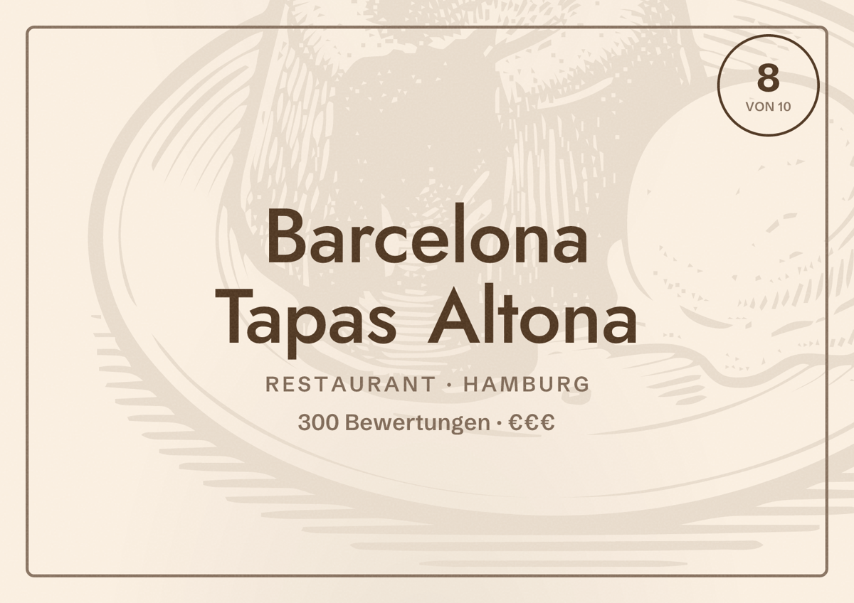 Illustriertes Poster von Barcelona Tapas Altona, Restaurant in Hamburg: Bewertung 8,0 von 10 aus 300 Bewertungen, Preisniveau €€€