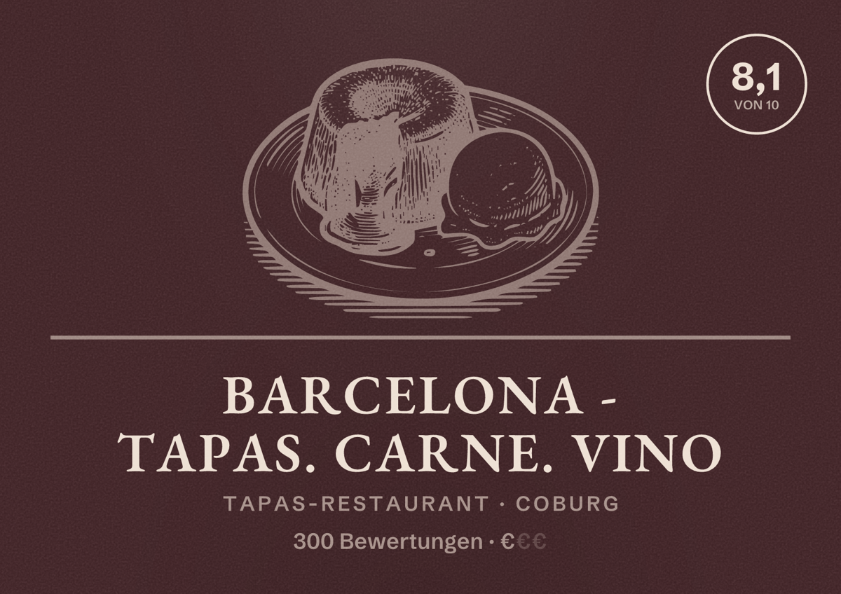 Illustriertes Poster von BARCELONA - Tapas. Carne. Vino, Tapas-Restaurant in Coburg: Bewertung 8,1 von 10 aus 300 Bewertungen, Preisniveau €