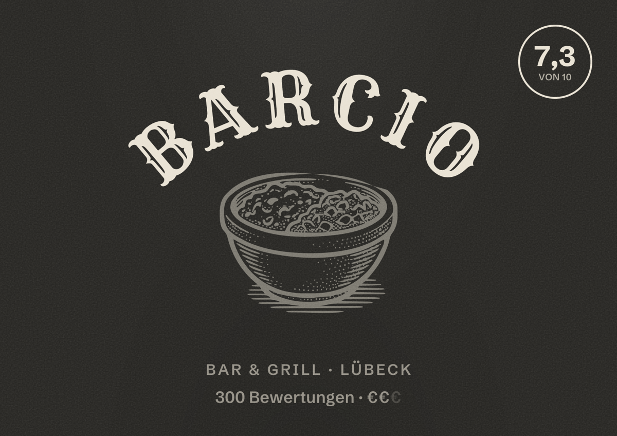 Illustriertes Poster von Barcio, Bar & Grill in Lübeck: Bewertung 7,3 von 10 aus 300 Bewertungen, Preisniveau €€
