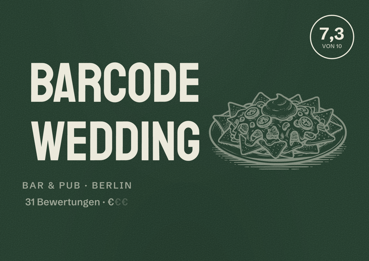 Illustriertes Poster von Barcode Wedding, Bar & Pub in Berlin: Bewertung 7,3 von 10 aus 31 Bewertungen, Preisniveau €