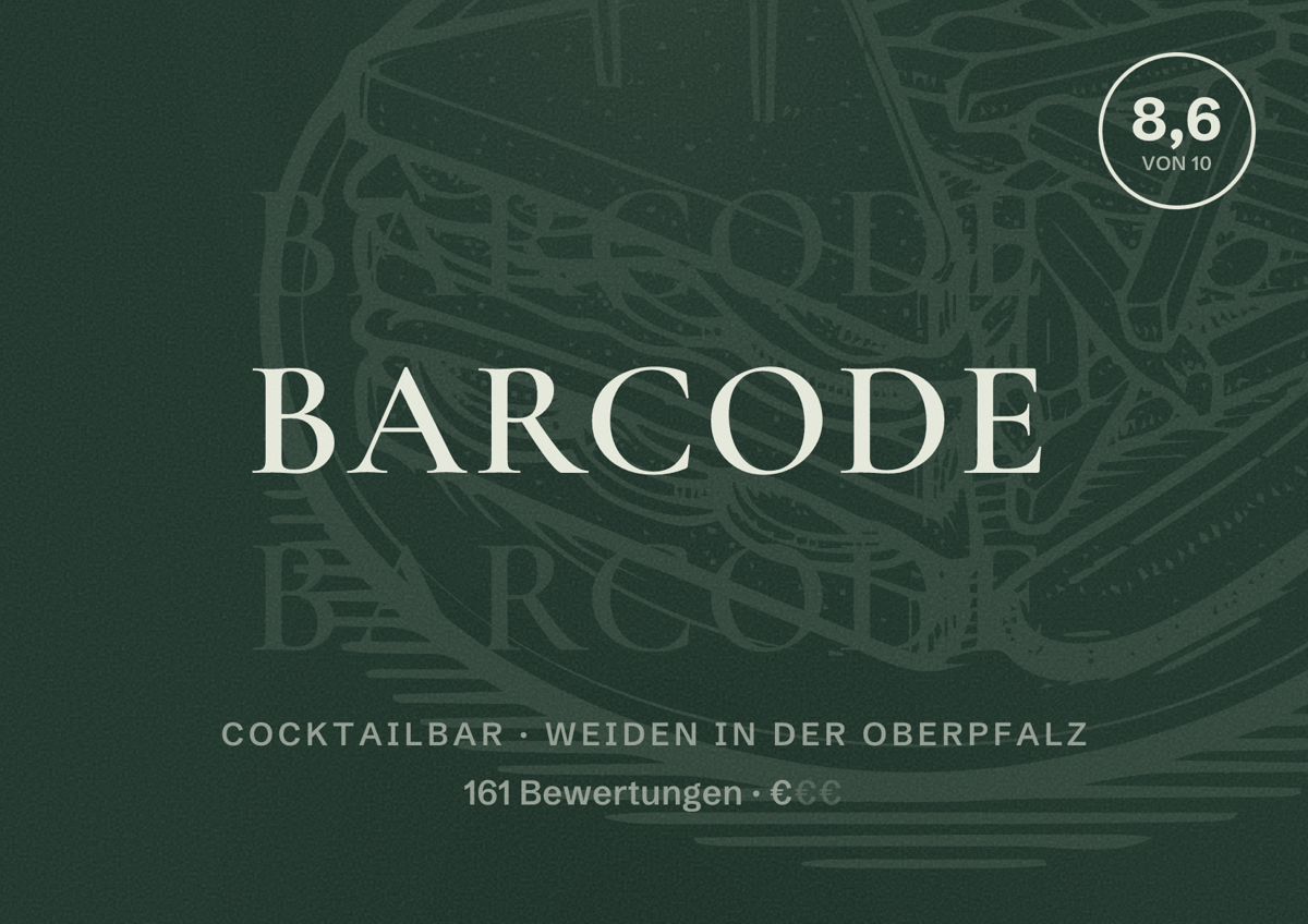 Illustriertes Poster von BarCode, Cocktailbar in Weiden in der Oberpfalz: Bewertung 8,6 von 10 aus 161 Bewertungen, Preisniveau €