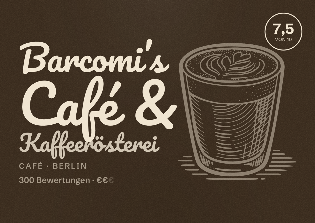 Illustriertes Poster von Barcomi’s Café & Kaffeerösterei, Café in Berlin: Bewertung 7,5 von 10 aus 300 Bewertungen, Preisniveau €€
