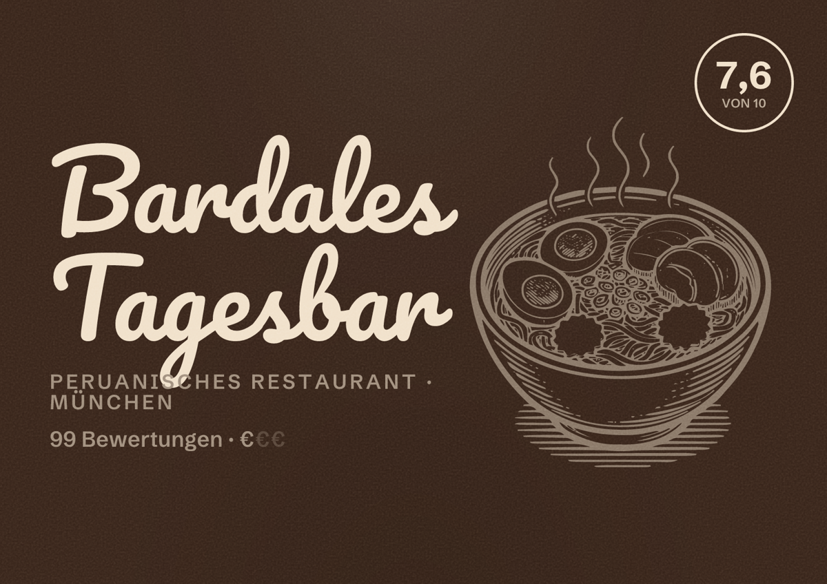 Illustriertes Poster von Bardales Tagesbar, Peruanisches Restaurant in München: Bewertung 7,6 von 10 aus 99 Bewertungen, Preisniveau €