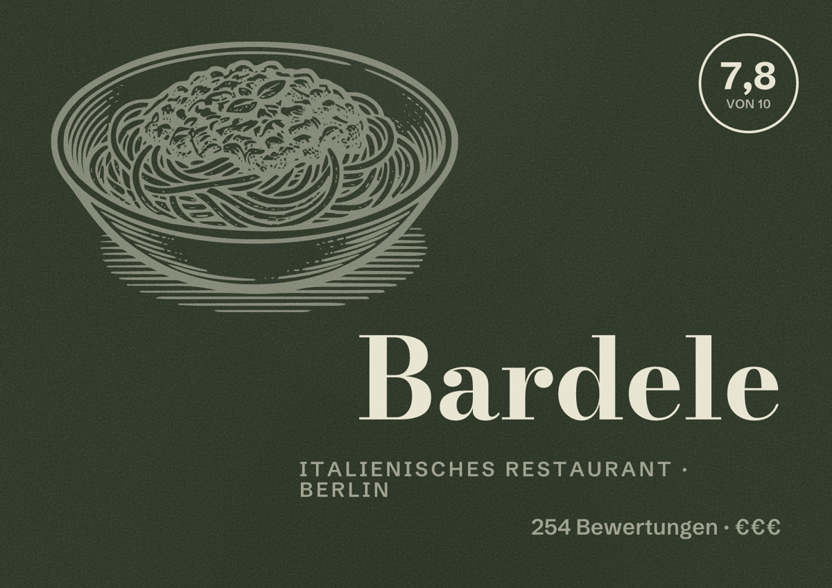 Illustriertes Poster von Bardele, Italienisches Restaurant in Berlin: Bewertung 7,8 von 10 aus 254 Bewertungen, Preisniveau €€€