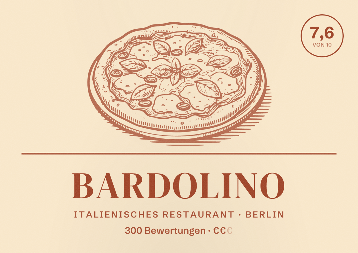 Illustriertes Poster von Bardolino, Italienisches Restaurant in Berlin: Bewertung 7,6 von 10 aus 300 Bewertungen, Preisniveau €€