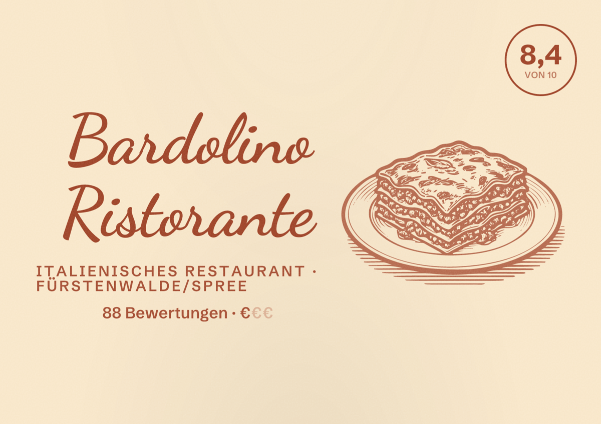 Illustriertes Poster von Bardolino Ristorante, Italienisches Restaurant in Fürstenwalde/Spree: Bewertung 8,4 von 10 aus 88 Bewertungen, Preisniveau €