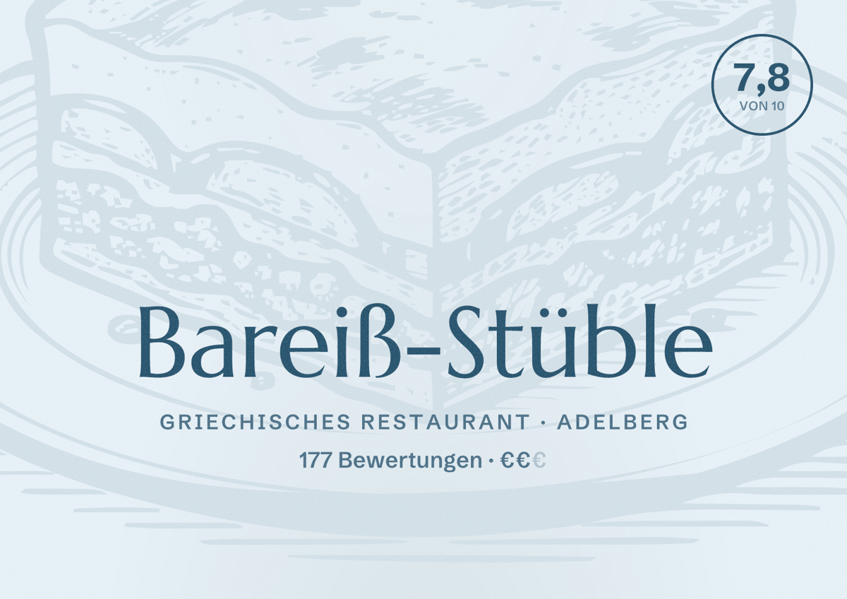 Illustriertes Poster von Bareiß-Stüble, Griechisches Restaurant in Adelberg: Bewertung 7,8 von 10 aus 177 Bewertungen, Preisniveau €€