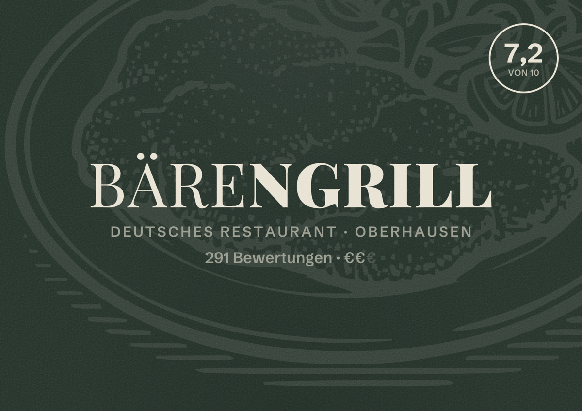 Illustriertes Poster von Bärengrill, Deutsches Restaurant in Oberhausen: Gästebewertung 7,2 von 10 aus 291 Bewertungen