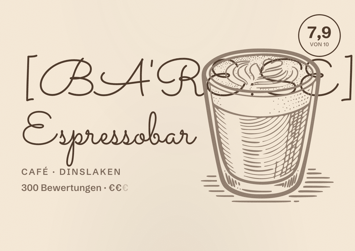 Illustriertes Poster von [BA'RE:SE] Espressobar, Café in Dinslaken: Bewertung 7,9 von 10 aus 300 Bewertungen, Preisniveau €€