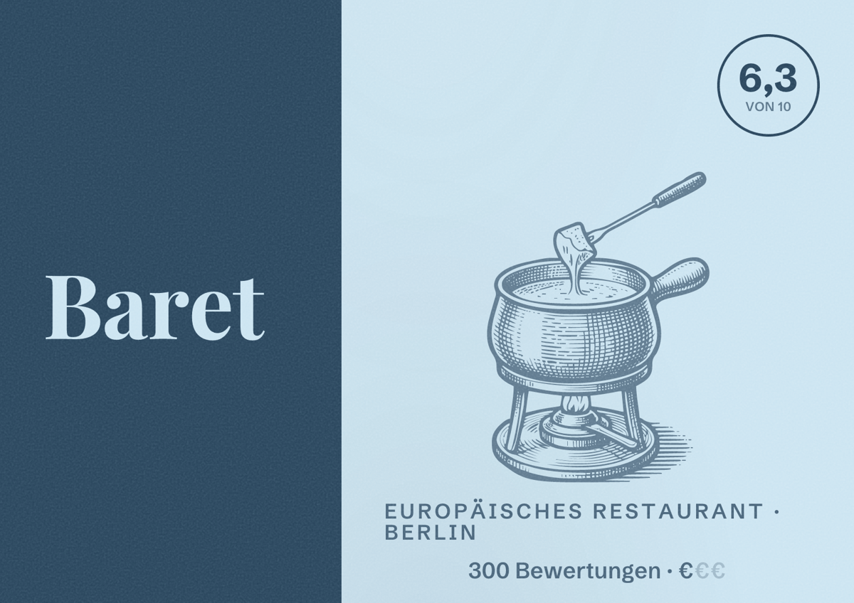 Illustriertes Poster von Baret, Europäisches Restaurant in Berlin: Bewertung 6,3 von 10 aus 300 Bewertungen, Preisniveau €