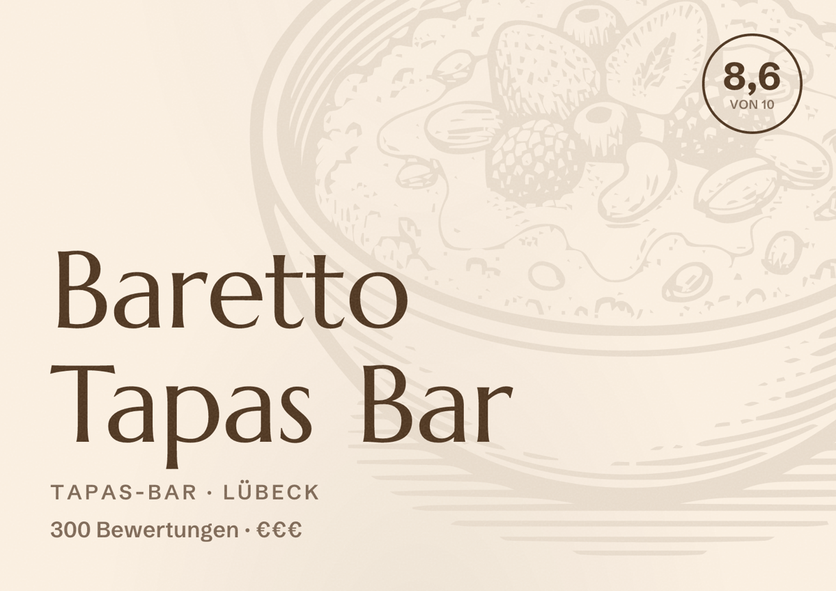 Illustriertes Poster von Baretto Tapas Bar, Tapas-Bar in Lübeck: Bewertung 8,6 von 10 aus 300 Bewertungen, Preisniveau €€€