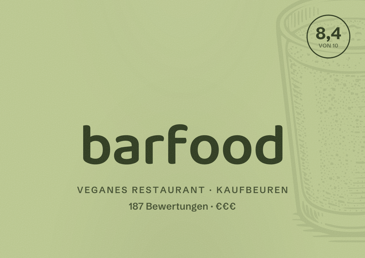 Illustriertes Poster von barfood, Veganes Restaurant in Kaufbeuren: Bewertung 8,4 von 10 aus 187 Bewertungen, Preisniveau €€€