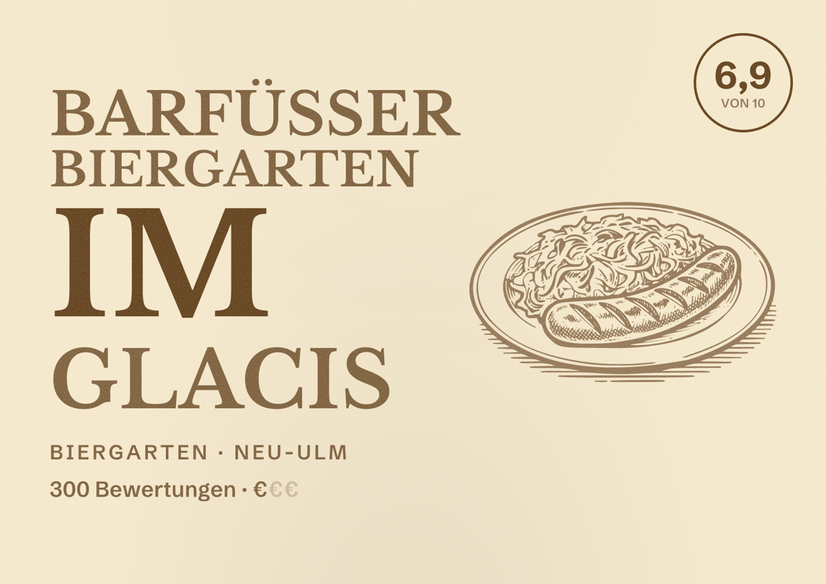 Illustriertes Poster von Barfüßer Biergarten im Glacis, Biergarten in Neu-Ulm: Bewertung 6,9 von 10 aus 300 Bewertungen, Preisniveau €