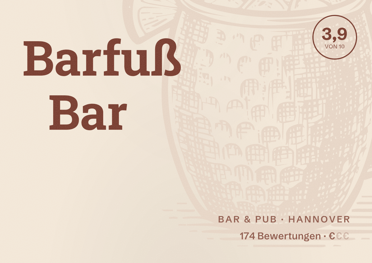Illustriertes Poster von Barfuß Bar, Bar & Pub in Hannover: Bewertung 3,9 von 10 aus 174 Bewertungen, Preisniveau €