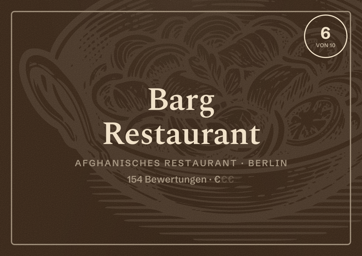 Illustriertes Poster von Barg Restaurant, Afghanisches Restaurant in Berlin: Bewertung 6 von 10 aus 154 Bewertungen, Preisniveau €
