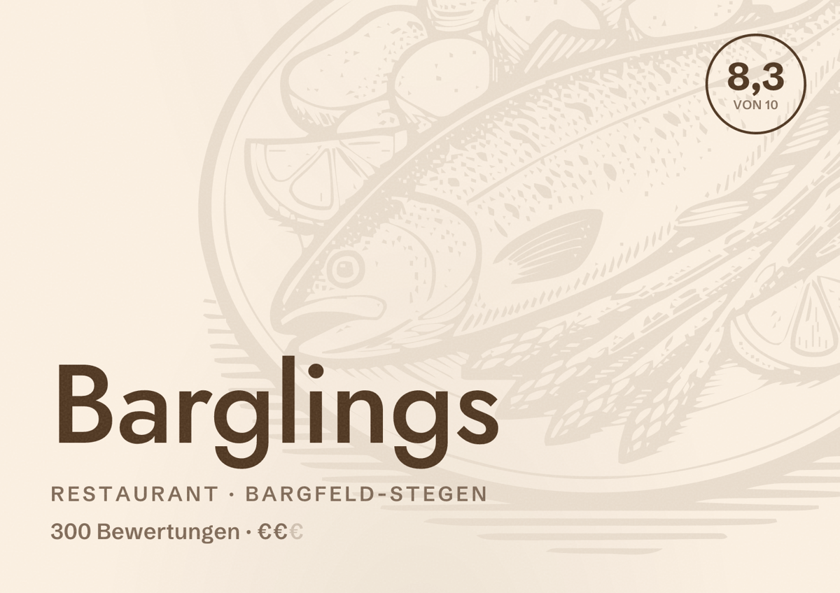 Illustriertes Poster von Barglings, Restaurant in Bargfeld-Stegen: Bewertung 8,3 von 10 aus 300 Bewertungen, Preisniveau €€
