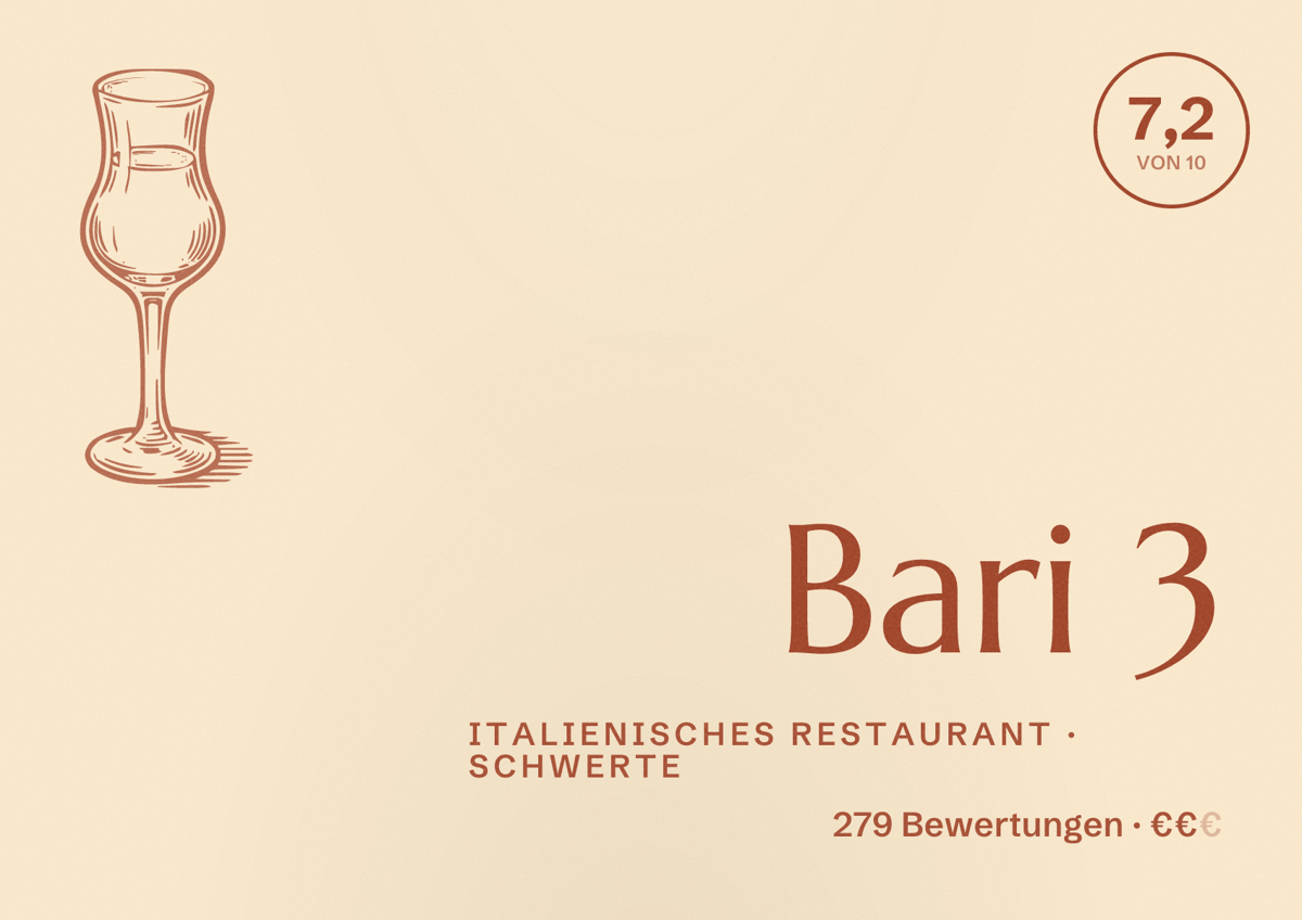 Illustriertes Poster von Bari 3, Italienisches Restaurant in Schwerte: Bewertung 7,2 von 10 aus 279 Bewertungen, Preisniveau €€