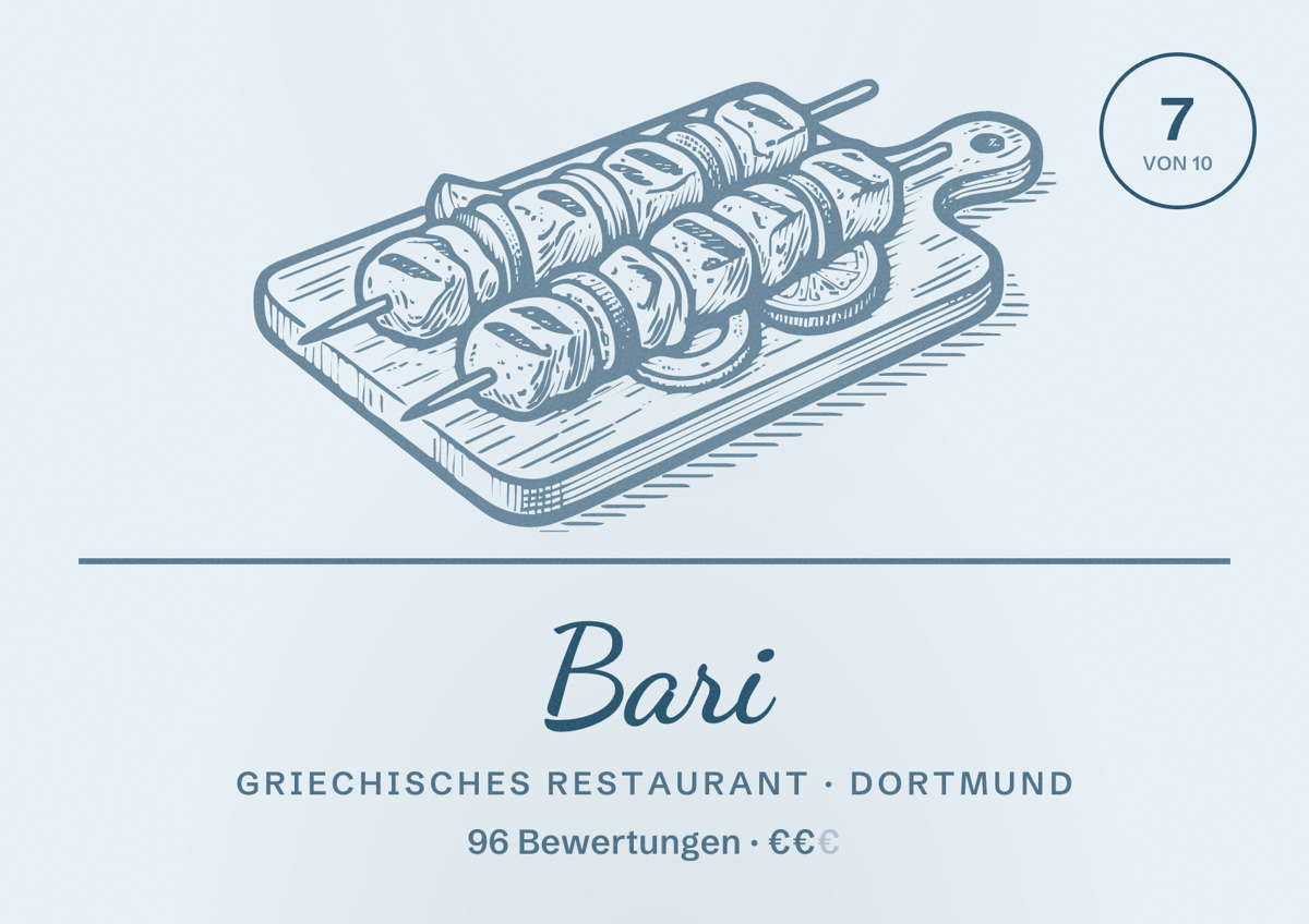 Illustriertes Poster von Bari, Griechisches Restaurant in Dortmund: Bewertung 7 von 10 aus 96 Bewertungen, Preisniveau €€