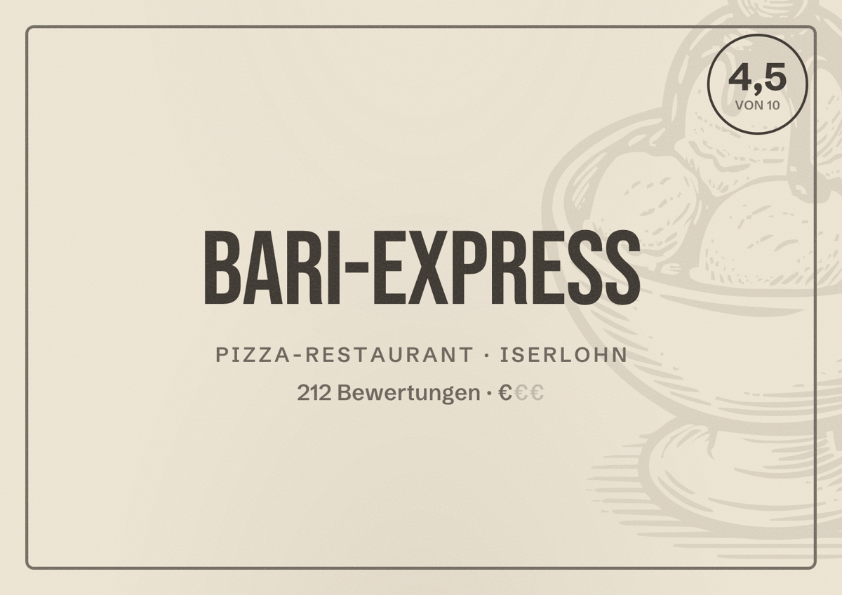 Illustriertes Poster von Bari-Express, Pizza-Restaurant in Iserlohn: Bewertung 4,5 von 10 aus 212 Bewertungen, Preisniveau €