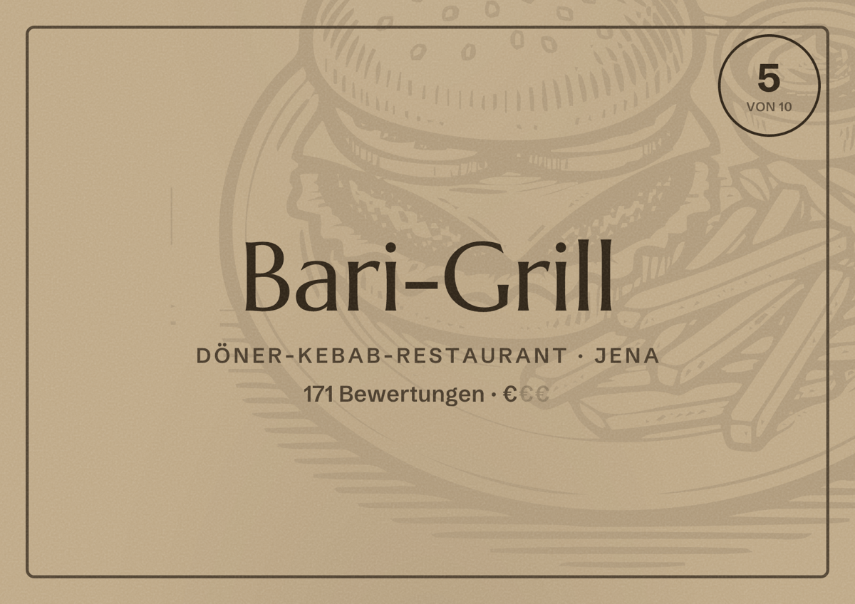 Illustriertes Poster von Bari-Grill, Döner-Kebab-Restaurant in Jena: Bewertung 5 von 10 aus 171 Bewertungen, Preisniveau €