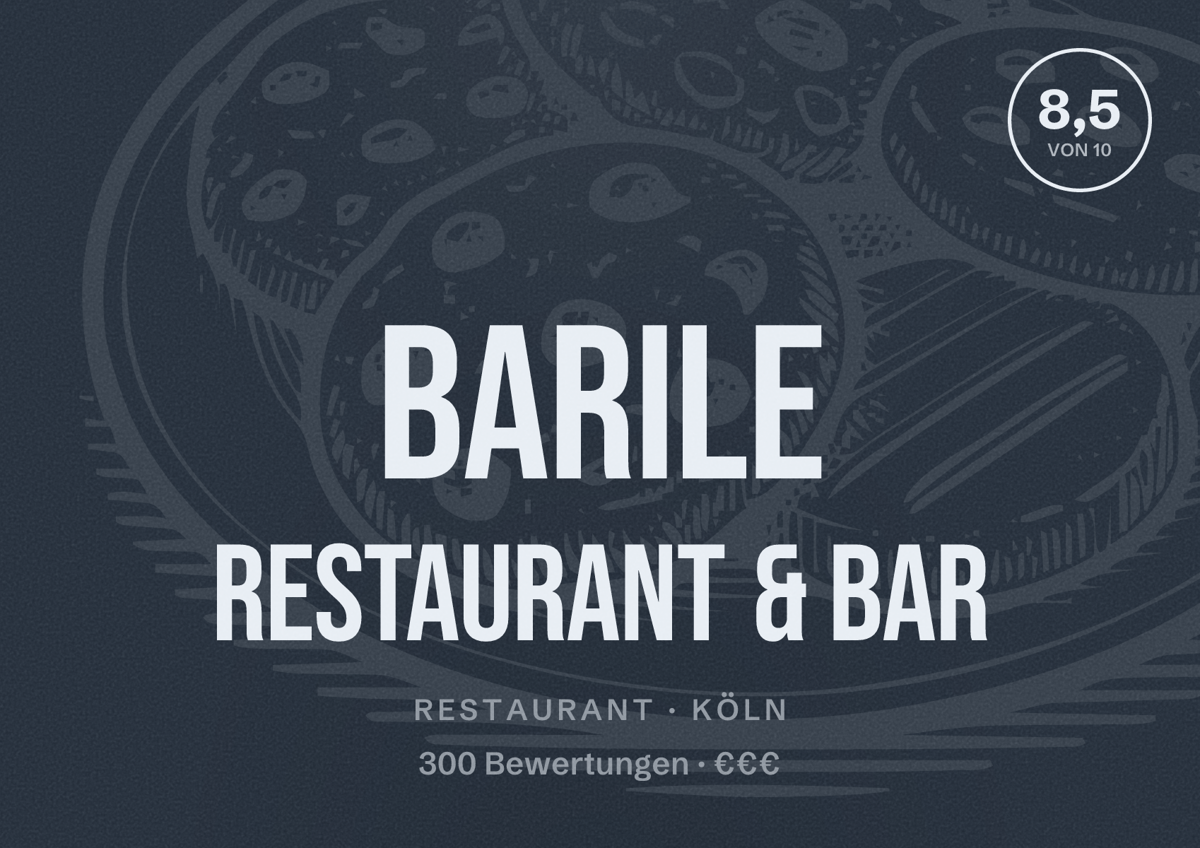 Illustriertes Poster von barile restaurant & bar, Restaurant in Köln: Bewertung 8,5 von 10 aus 300 Bewertungen, Preisniveau €€€