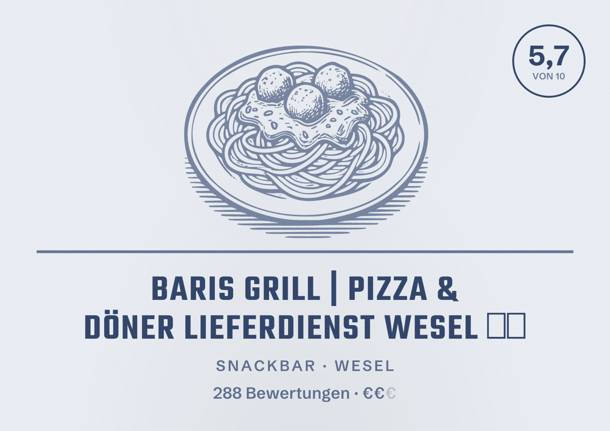 Illustriertes Poster von Baris Grill | Pizza & Döner Lieferdienst Wesel 🍕🥙, Snackbar in Wesel: Bewertung 5,7 von 10 aus 288 Bewertungen, Preisniveau €€