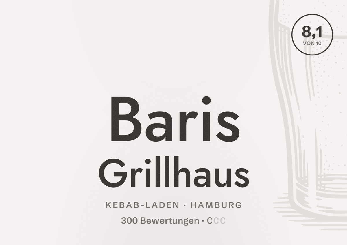 Illustriertes Poster von Baris Grillhaus, Kebab-Laden in Hamburg: Bewertung 8,1 von 10 aus 300 Bewertungen, Preisniveau €