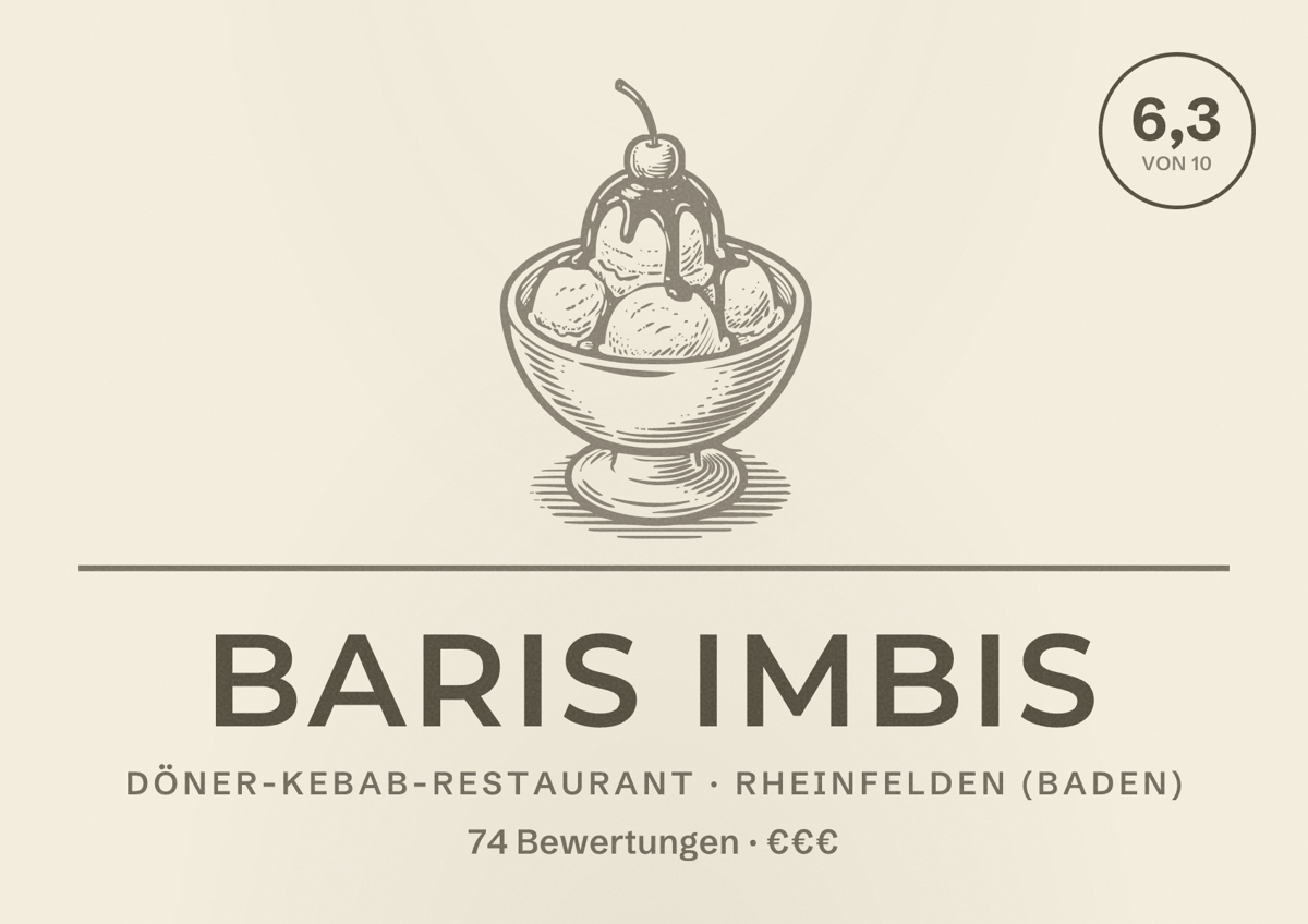 Illustriertes Poster von Baris imbis, Döner-Kebab-Restaurant in Rheinfelden (Baden): Bewertung 6,3 von 10 aus 74 Bewertungen, Preisniveau €€€