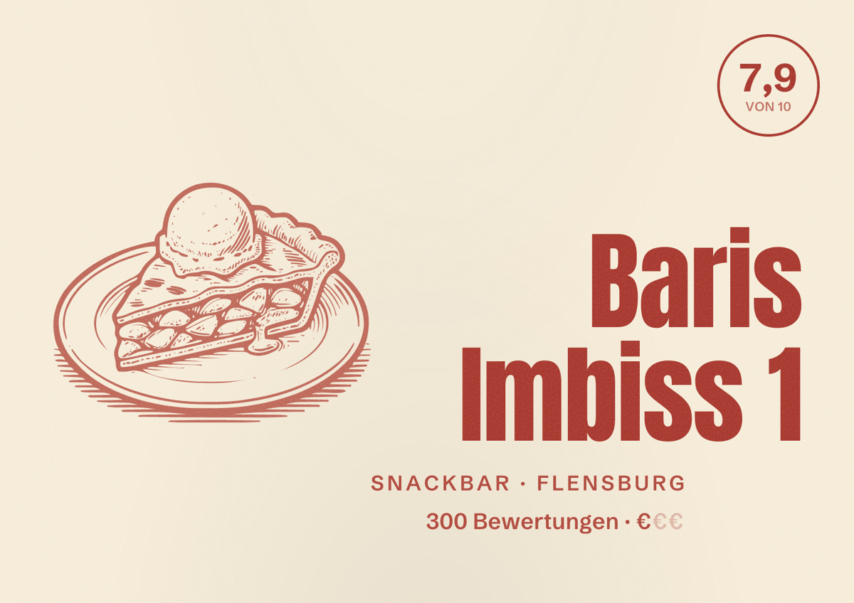 Illustriertes Poster von Baris Imbiss 1, Snackbar in Flensburg: Bewertung 7,9 von 10 aus 300 Bewertungen, Preisniveau €