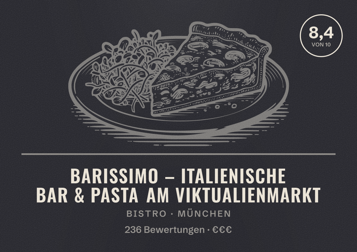 Illustriertes Poster von Barissimo – Italienische Bar & Pasta am Viktualienmarkt, Bistro in München: Bewertung 8,4 von 10 aus 236 Bewertungen, Preisniveau €€€