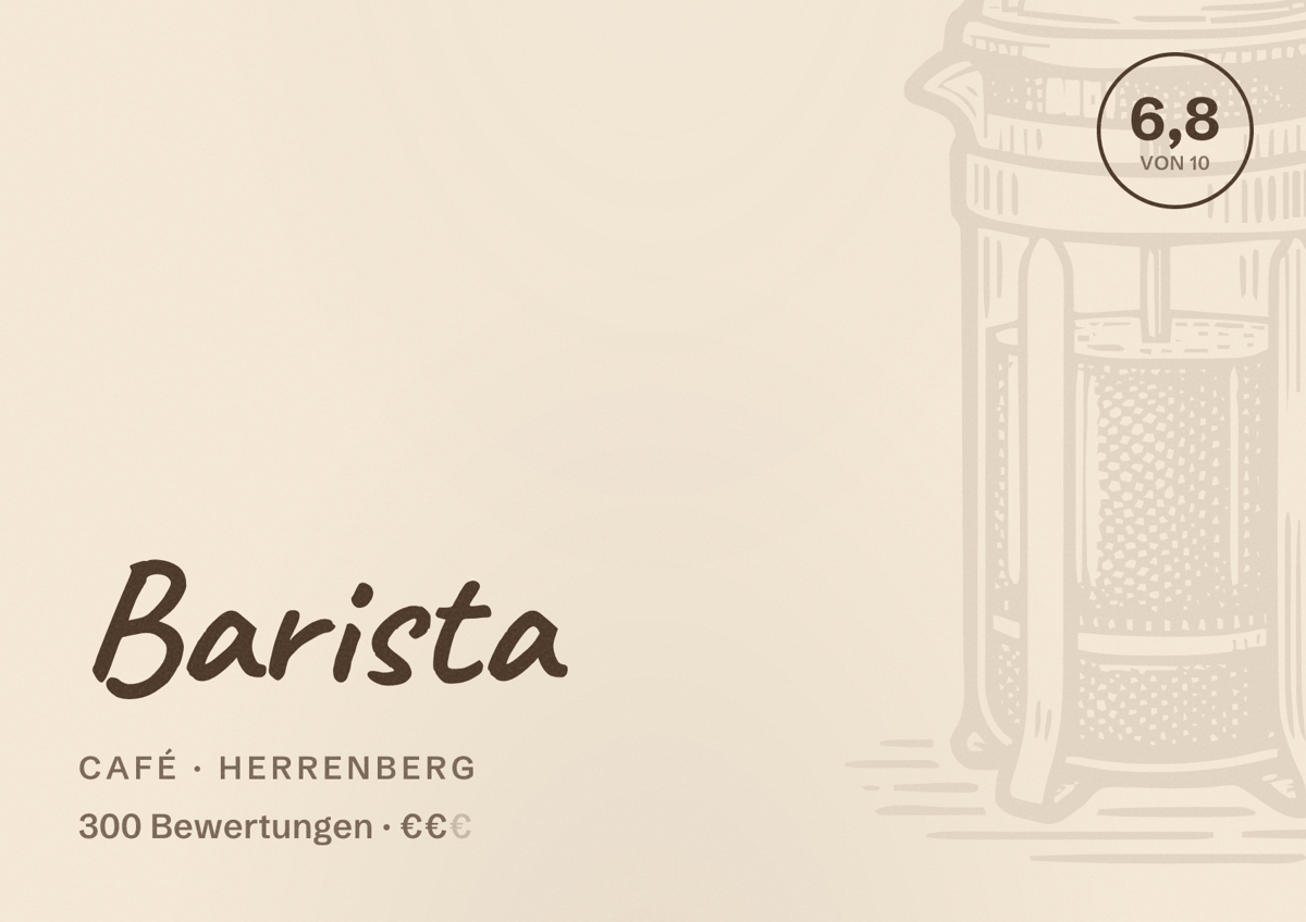 Illustriertes Poster von Barista, Café in Herrenberg: Bewertung 6,8 von 10 aus 300 Bewertungen, Preisniveau €€