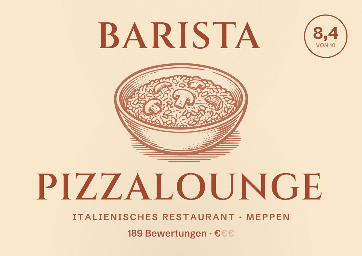 Illustriertes Poster von Barista Pizzalounge, Italienisches Restaurant in Meppen: Bewertung 8,4 von 10 aus 189 Bewertungen, Preisniveau €