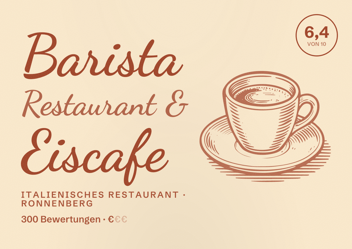 Illustriertes Poster von Barista Restaurant & Eiscafe, Italienisches Restaurant in Ronnenberg: Bewertung 6,4 von 10 aus 300 Bewertungen, Preisniveau €