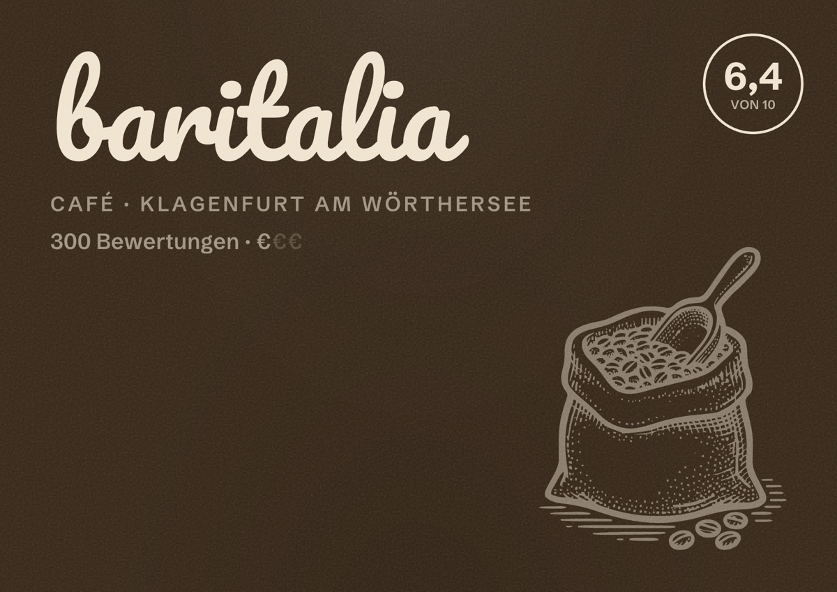Illustriertes Poster von baritalia, Café in Klagenfurt am Wörthersee: Bewertung 6,4 von 10 aus 300 Bewertungen, Preisniveau €