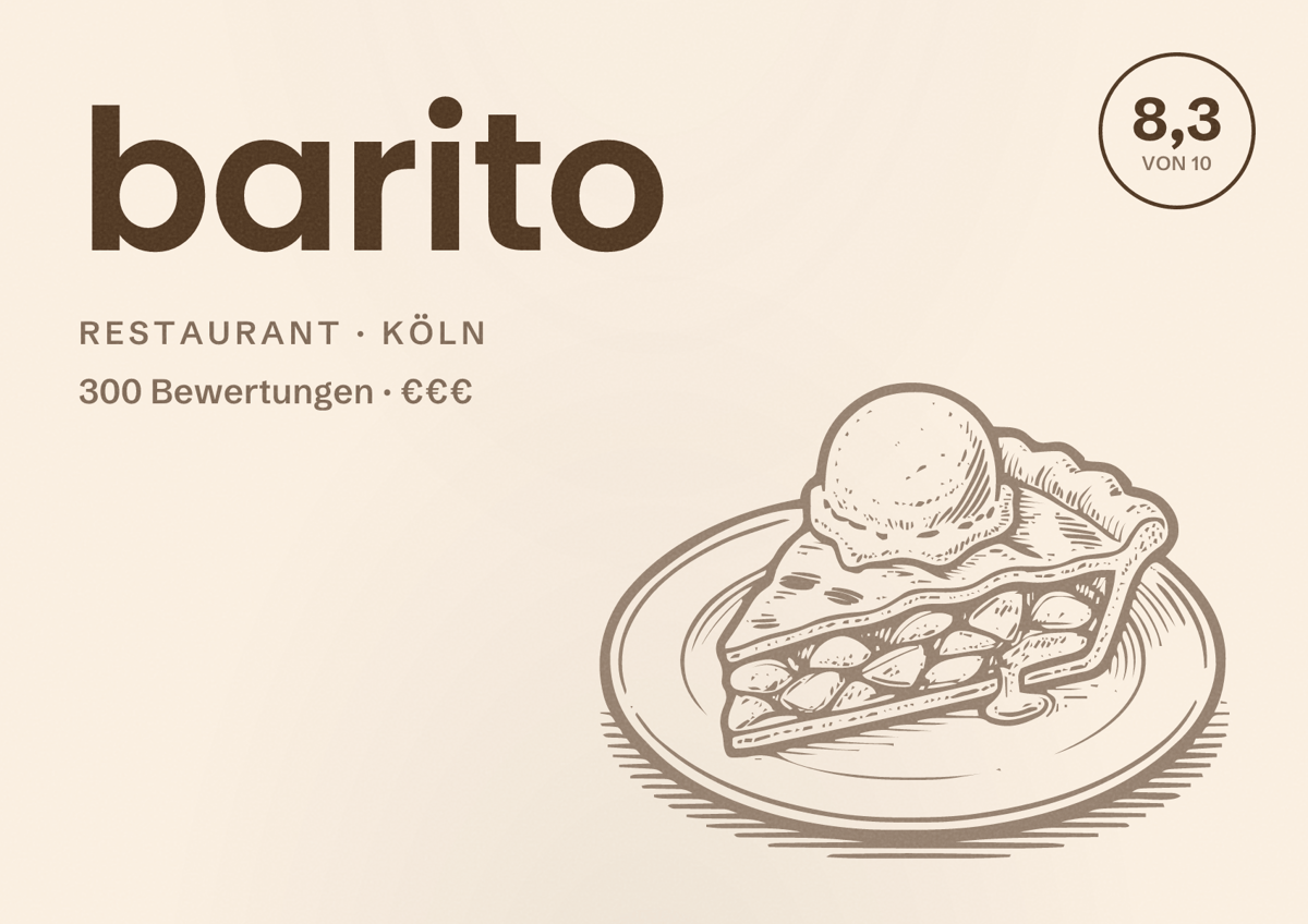 Illustriertes Poster von barito, Restaurant in Köln: Bewertung 8,3 von 10 aus 300 Bewertungen, Preisniveau €€€