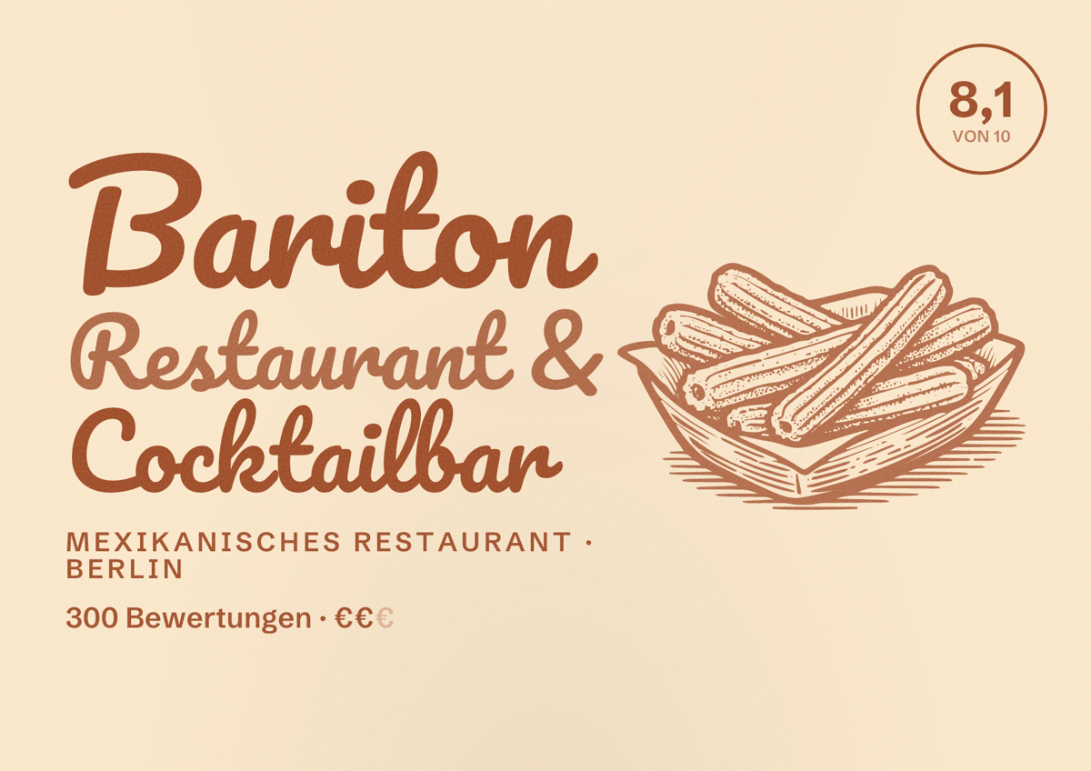 Illustriertes Poster von Bariton Restaurant & Cocktailbar, Mexikanisches Restaurant in Berlin: Bewertung 8,1 von 10 aus 300 Bewertungen, Preisniveau €€