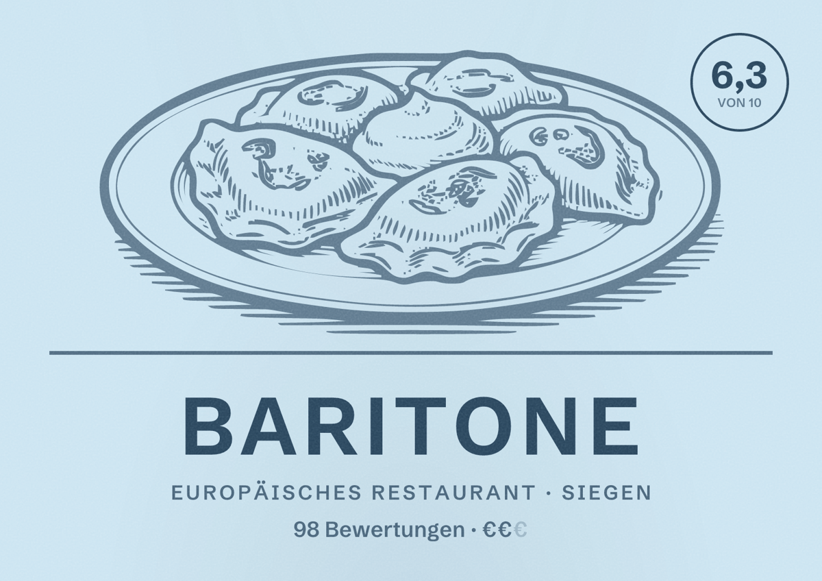 Illustriertes Poster von Baritone, Europäisches Restaurant in Siegen: Bewertung 6,3 von 10 aus 98 Bewertungen, Preisniveau €€