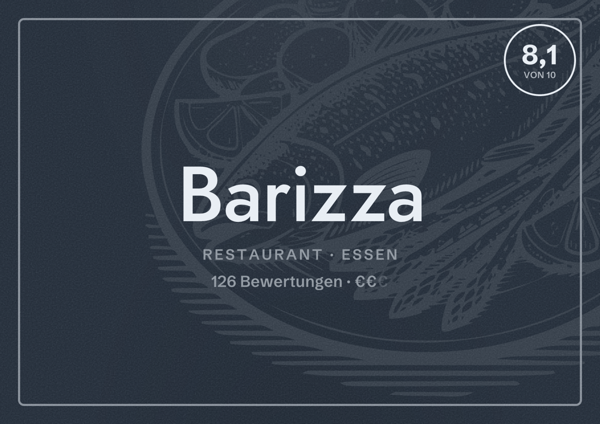 Illustriertes Poster von Barizza, Restaurant in Essen: Bewertung 8,1 von 10 aus 126 Bewertungen, Preisniveau €€