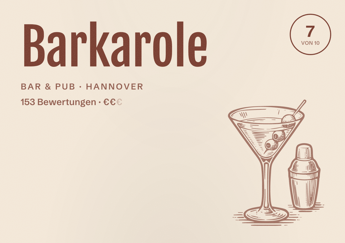 Illustriertes Poster von Barkarole, Bar & Pub in Hannover: Bewertung 7 von 10 aus 153 Bewertungen, Preisniveau €€