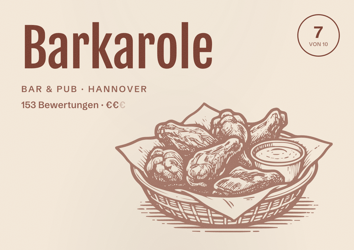 Illustriertes Poster von Barkarole, Bar & Pub in Hannover: Bewertung 7,0 von 10 aus 153 Bewertungen, Preisniveau €€
